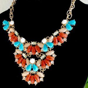 Lee Angel Turq Burgundy Cabochon Mix Media Statement Necklace NWT 120